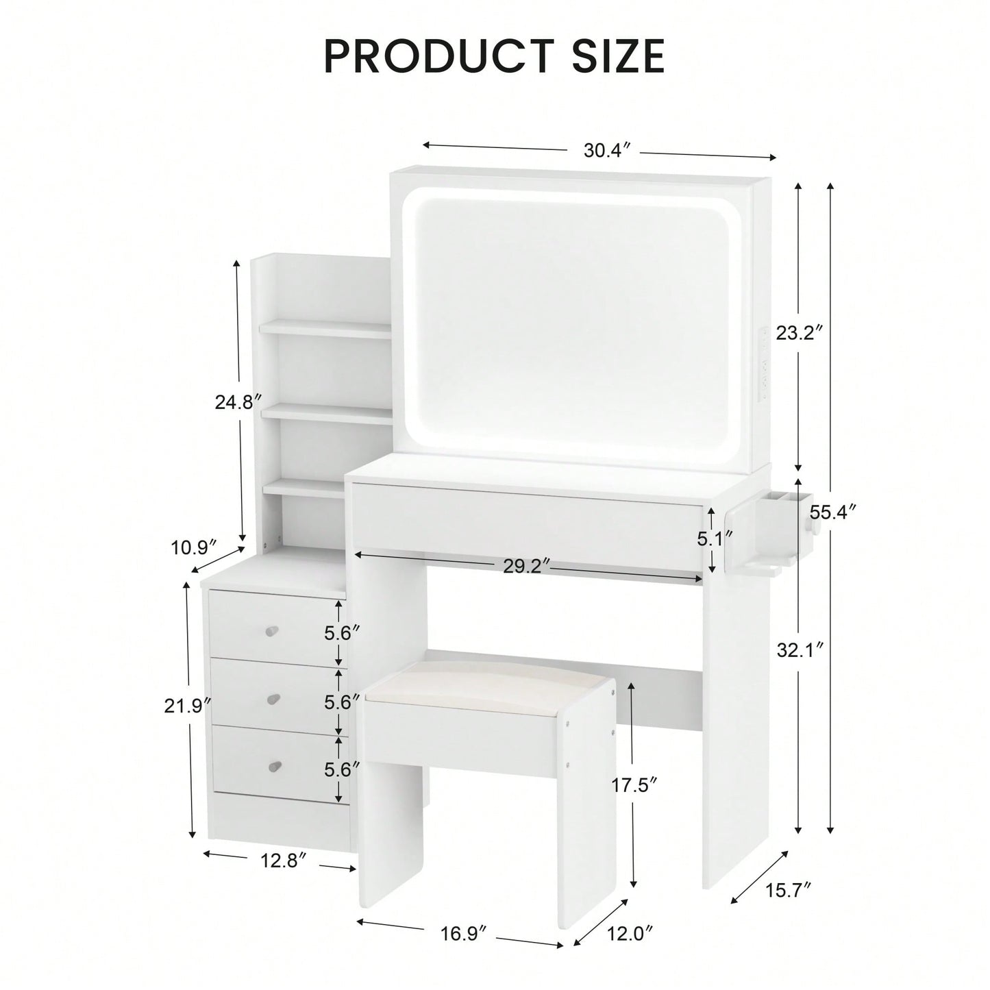 LED Vanity Table With Adjustable Brightness Mirror, Power Outlet, Hairdryer Shelving, 4 Drawers, Upholstered Stool, White Finish