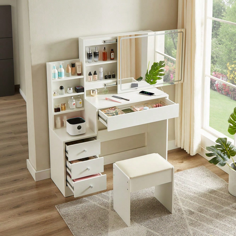 LED Vanity Table With Adjustable Brightness Mirror, Power Outlet, Hairdryer Shelving, 4 Drawers, Upholstered Stool, White Finish