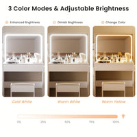 LED Vanity Table With Adjustable Brightness Mirror, Power Outlet, Hairdryer Shelving, 4 Drawers, Upholstered Stool, White Finish