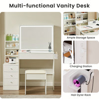 LED Vanity Table With Adjustable Brightness Mirror, Power Outlet, Hairdryer Shelving, 4 Drawers, Upholstered Stool, White Finish