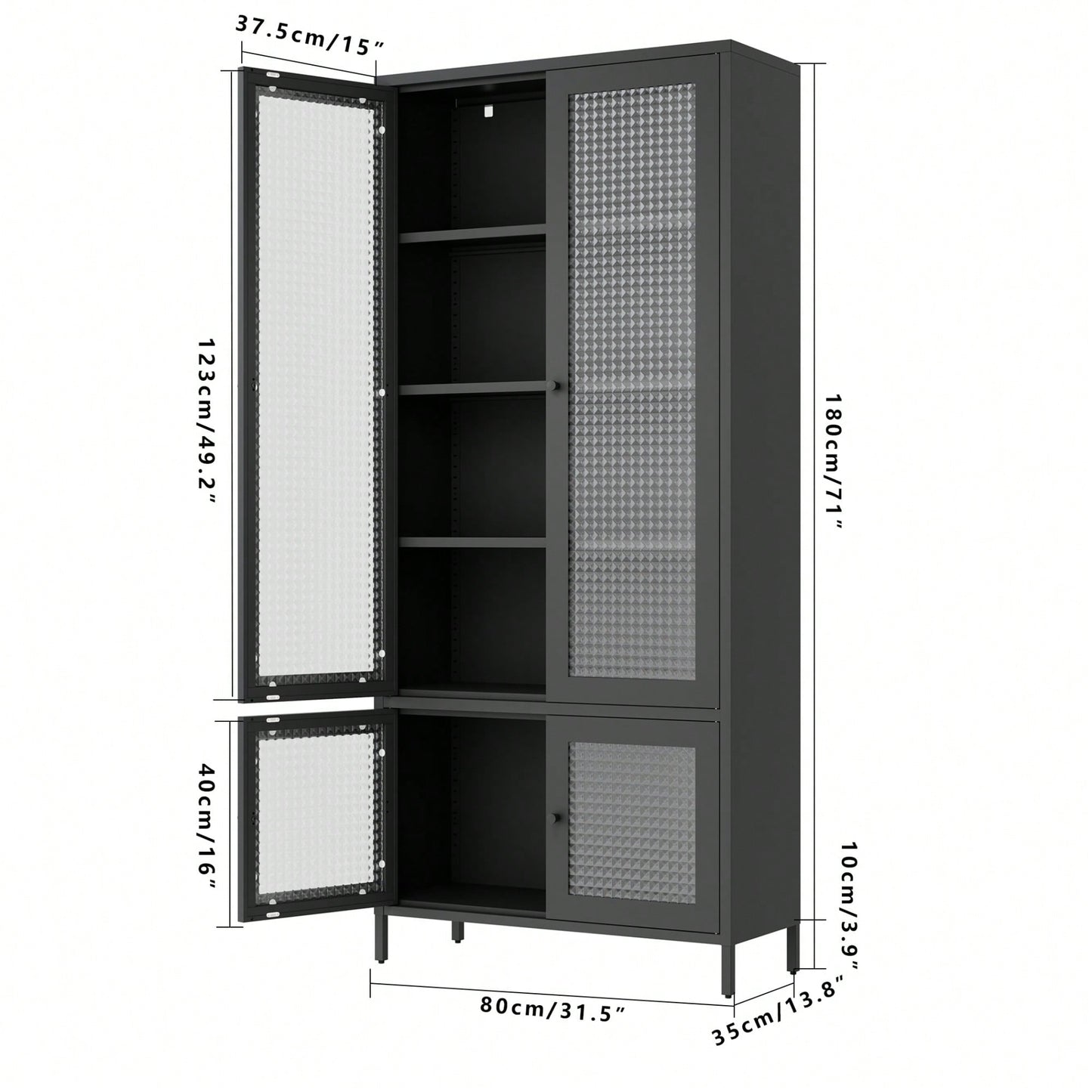 Large Black Metal Storage Cabinet with Glass Doors and Shelves for Living Room Bedroom Home Office Tempered Glass Display Bookcase