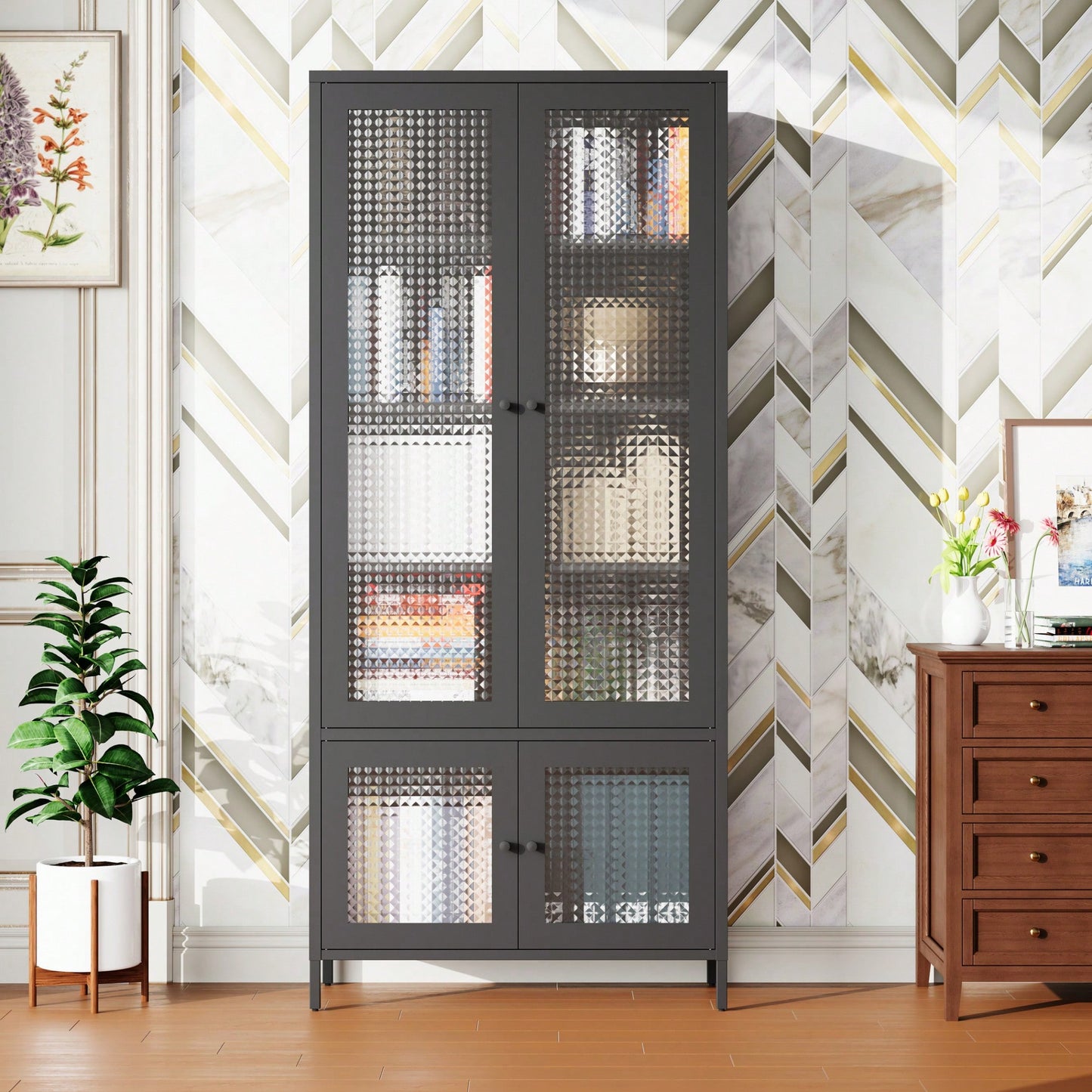 Large Black Metal Storage Cabinet with Glass Doors and Shelves for Living Room Bedroom Home Office Tempered Glass Display Bookcase