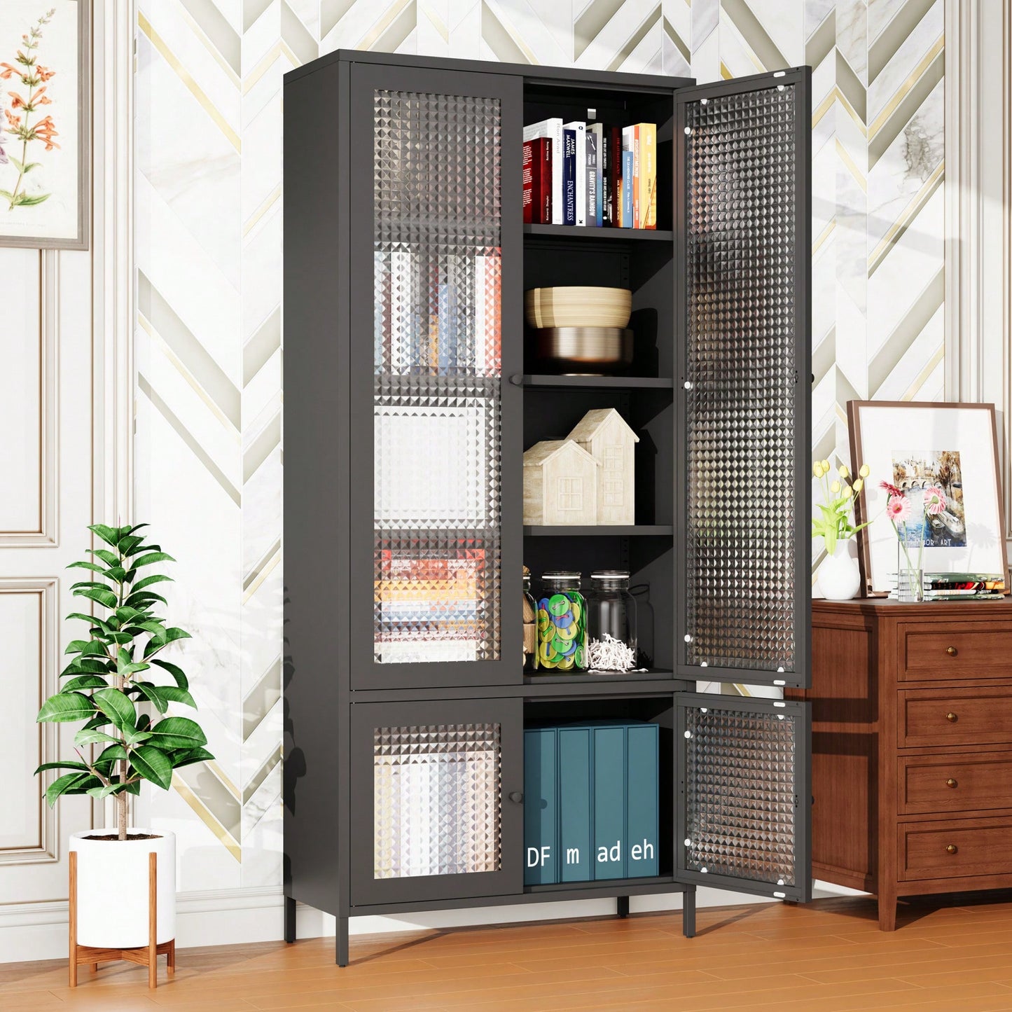 Large Black Metal Storage Cabinet with Glass Doors and Shelves for Living Room Bedroom Home Office Tempered Glass Display Bookcase