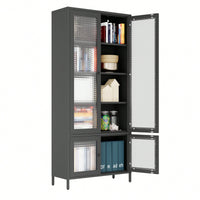 Large Black Metal Storage Cabinet with Glass Doors and Shelves for Living Room Bedroom Home Office Tempered Glass Display Bookcase