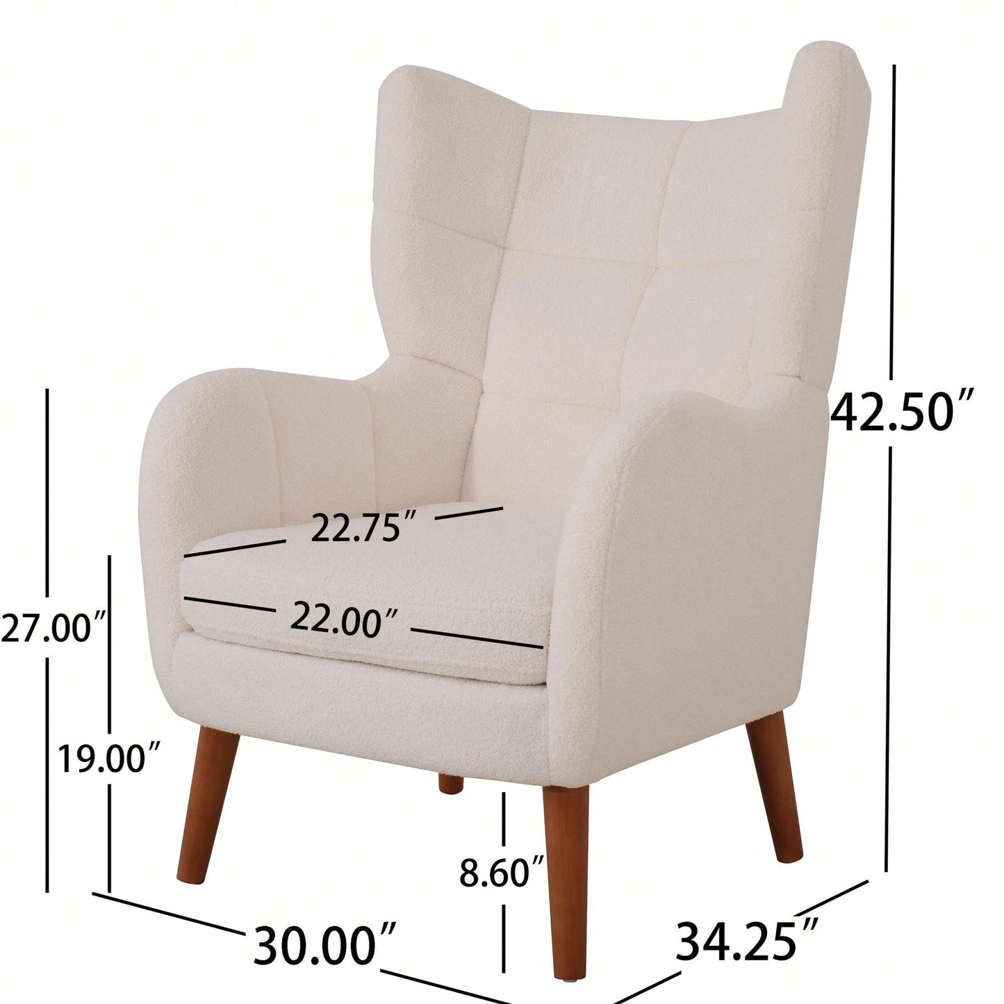 Mid-Century Modern Ivory High Back Accent Chair with Thick Cushion Birch Wood Legs Teddy Wool Fabric for  Office Balcony Bedroom Study