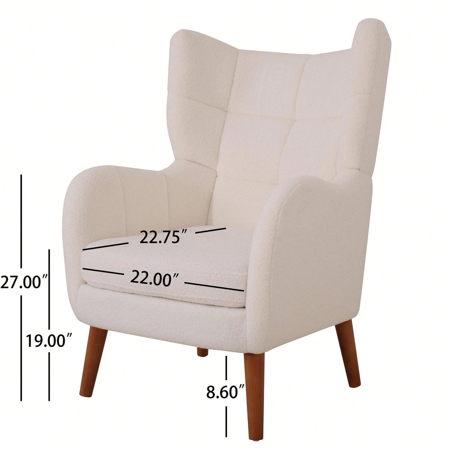 Mid-Century Modern Ivory High Back Accent Chair with Thick Cushion Birch Wood Legs Teddy Wool Fabric for  Office Balcony Bedroom Study