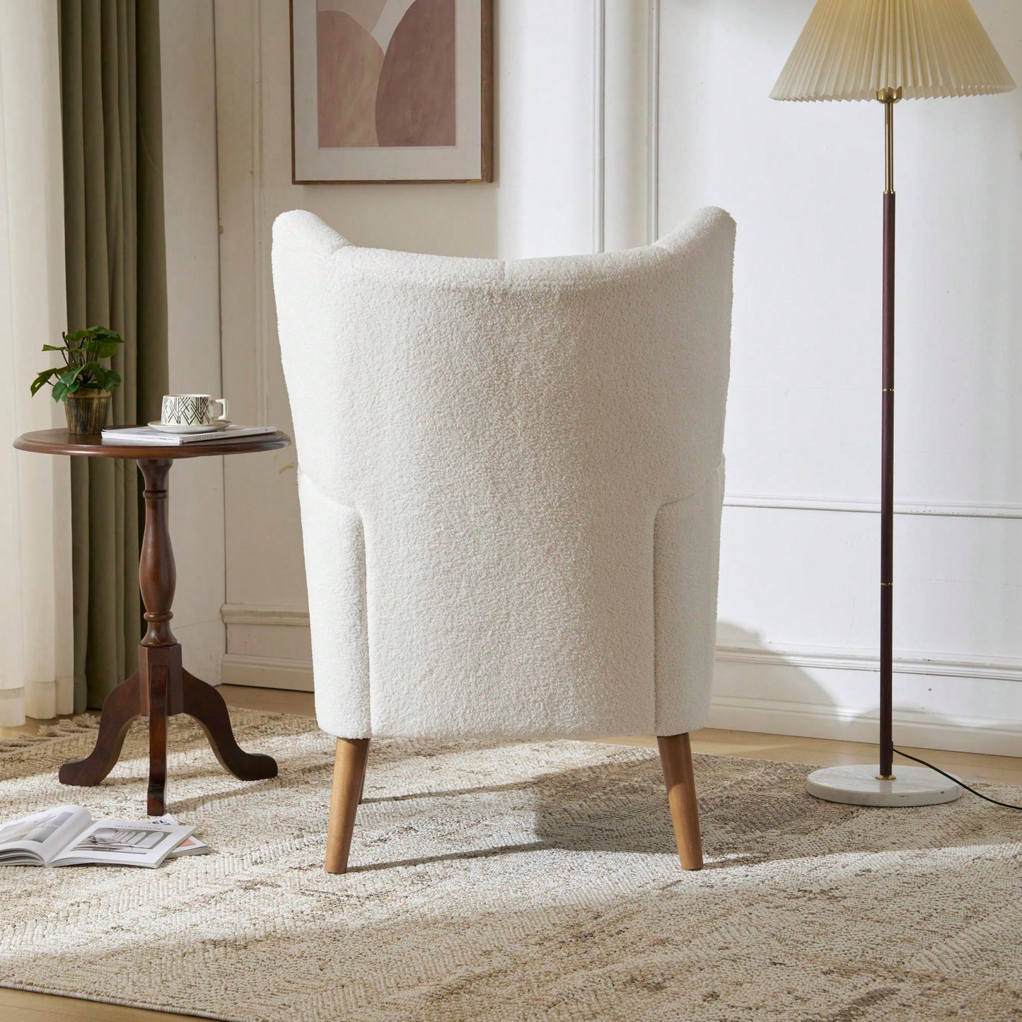 Mid-Century Modern Ivory High Back Accent Chair with Thick Cushion Birch Wood Legs Teddy Wool Fabric for  Office Balcony Bedroom Study