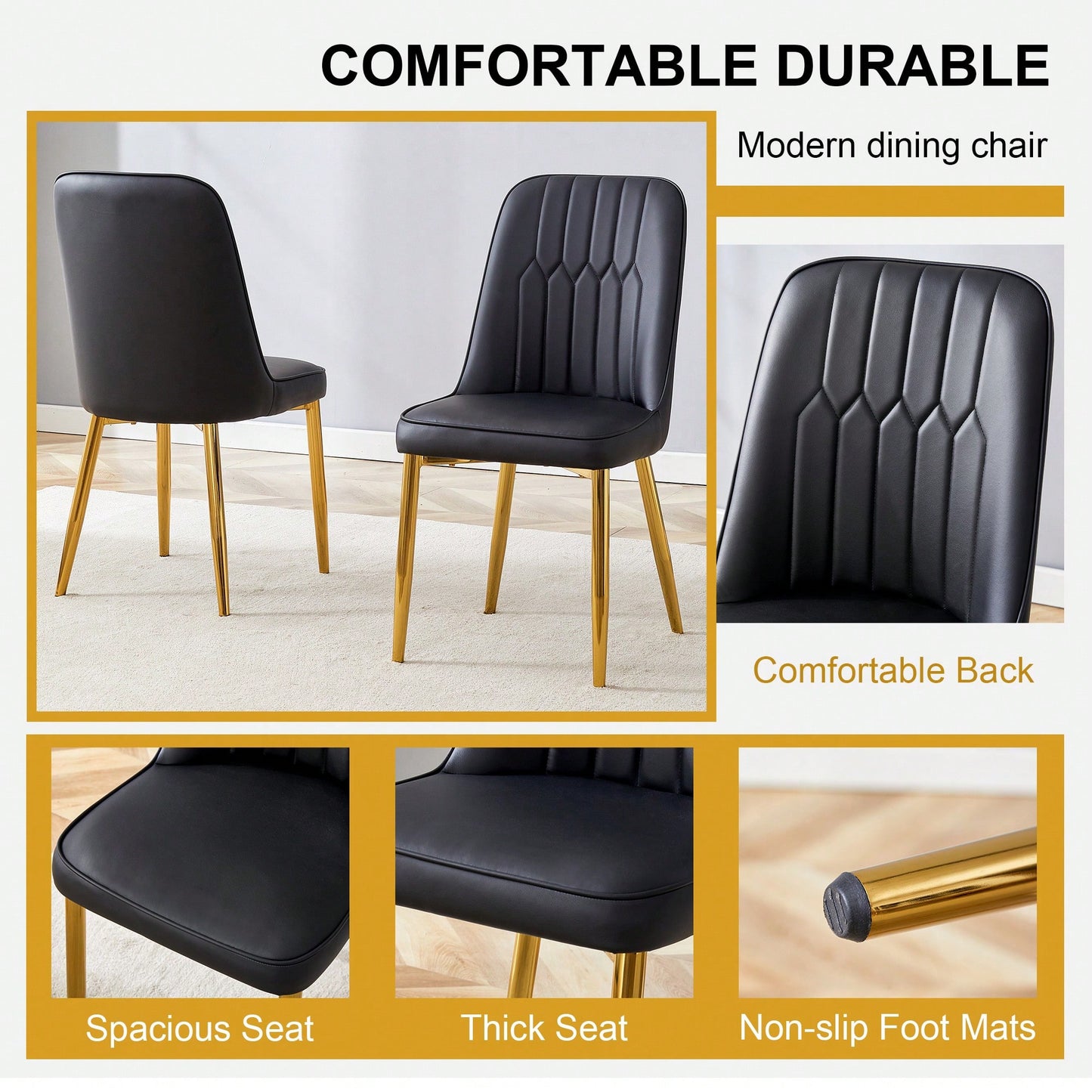 Set Of 2 Sleek PU Leather Dining Chairs With Gold Metal Legs For Kitchen Bedroom And Office Comfort