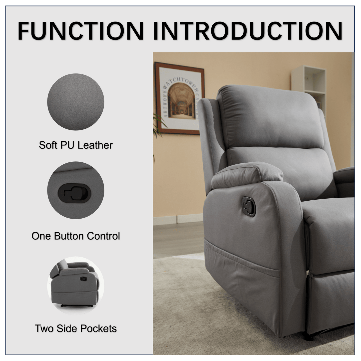 Modern Manual Recliner Sofa Chair For Living Room Office Apartment With Easy-To-Reach Side Button Gray