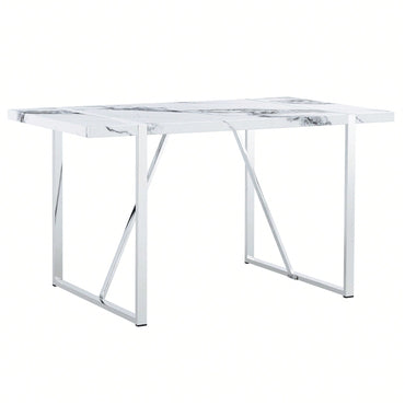 55 Inch Rectangular Faux Marble Dining Table For 4 People Modern Home Office Living Room Furniture Easy Assembly White And Silver