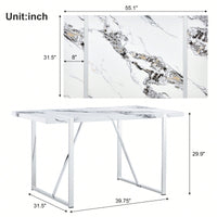 55 Inch Rectangular Faux Marble Dining Table For 4 People Modern Home Office Living Room Furniture Easy Assembly White And Silver