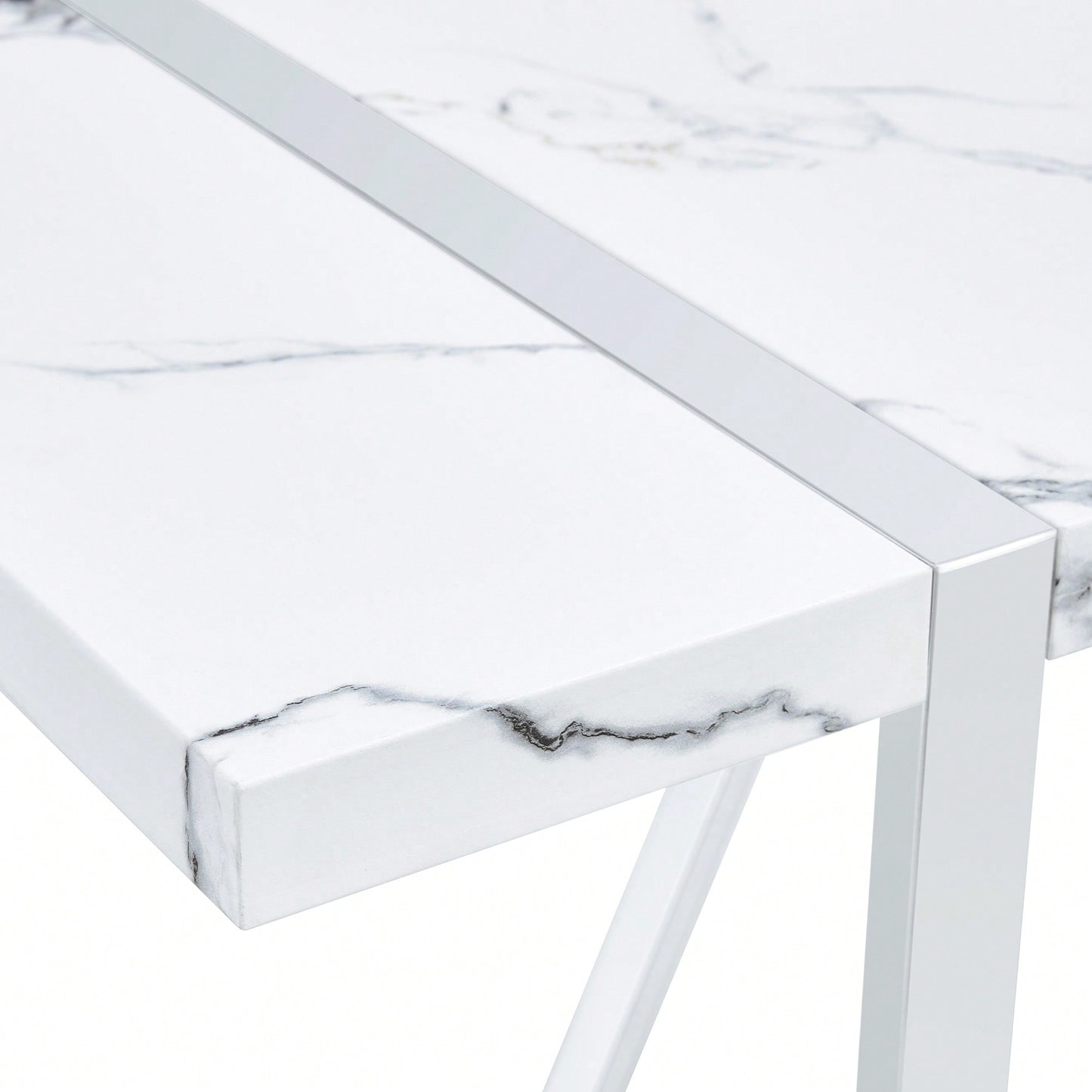 55 Inch Rectangular Faux Marble Dining Table For 4 People Modern Home Office Living Room Furniture Easy Assembly White And Silver