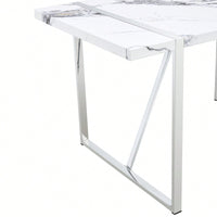 55 Inch Rectangular Faux Marble Dining Table For 4 People Modern Home Office Living Room Furniture Easy Assembly White And Silver