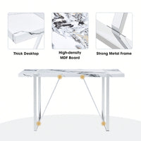 55 Inch Rectangular Faux Marble Dining Table For 4 People Modern Home Office Living Room Furniture Easy Assembly White And Silver