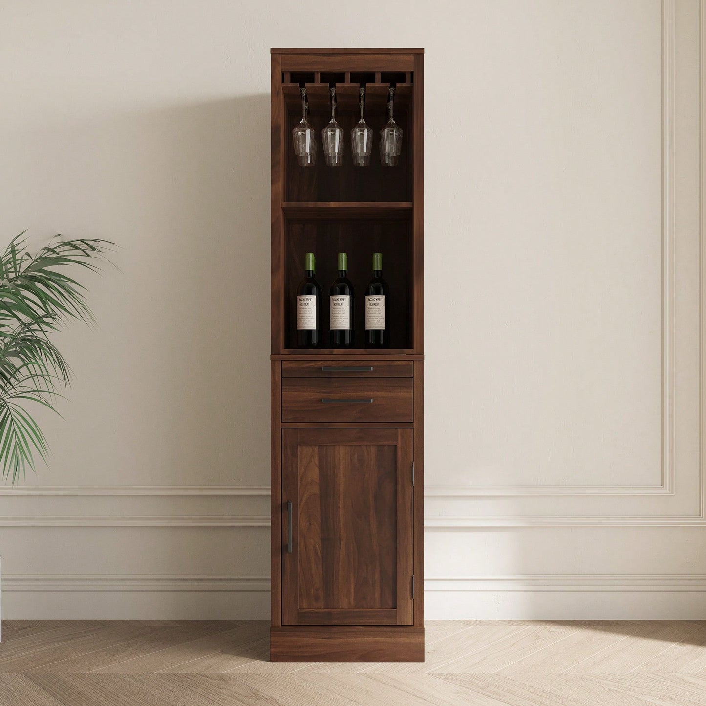 Modular Wine Bar Cabinet With Hutch For Dining Room Storage And Display Brown Walnut