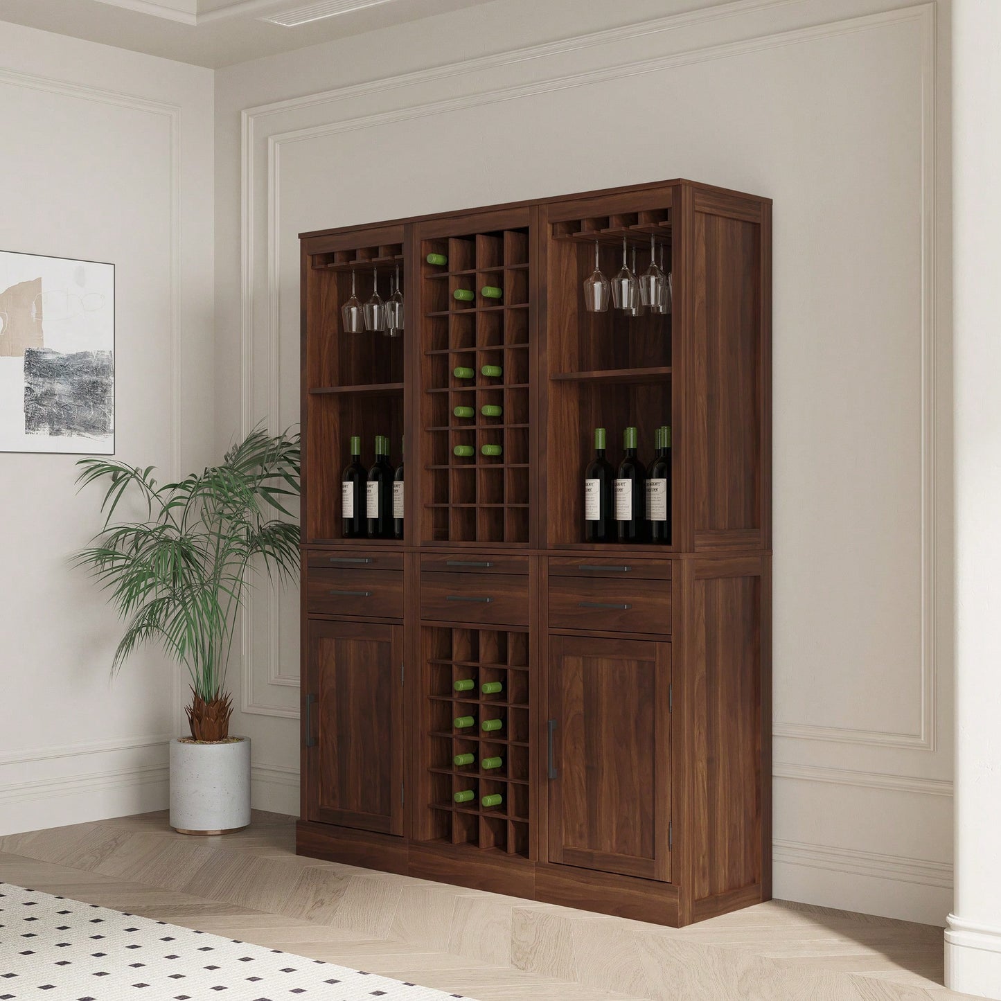 Modular Wine Bar Cabinet With Hutch For Dining Room Storage And Display Brown Walnut