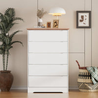 Stylish 5 Drawer Dresser For Bedroom And Living Room With Hidden Handle Design In White And Brown Finish