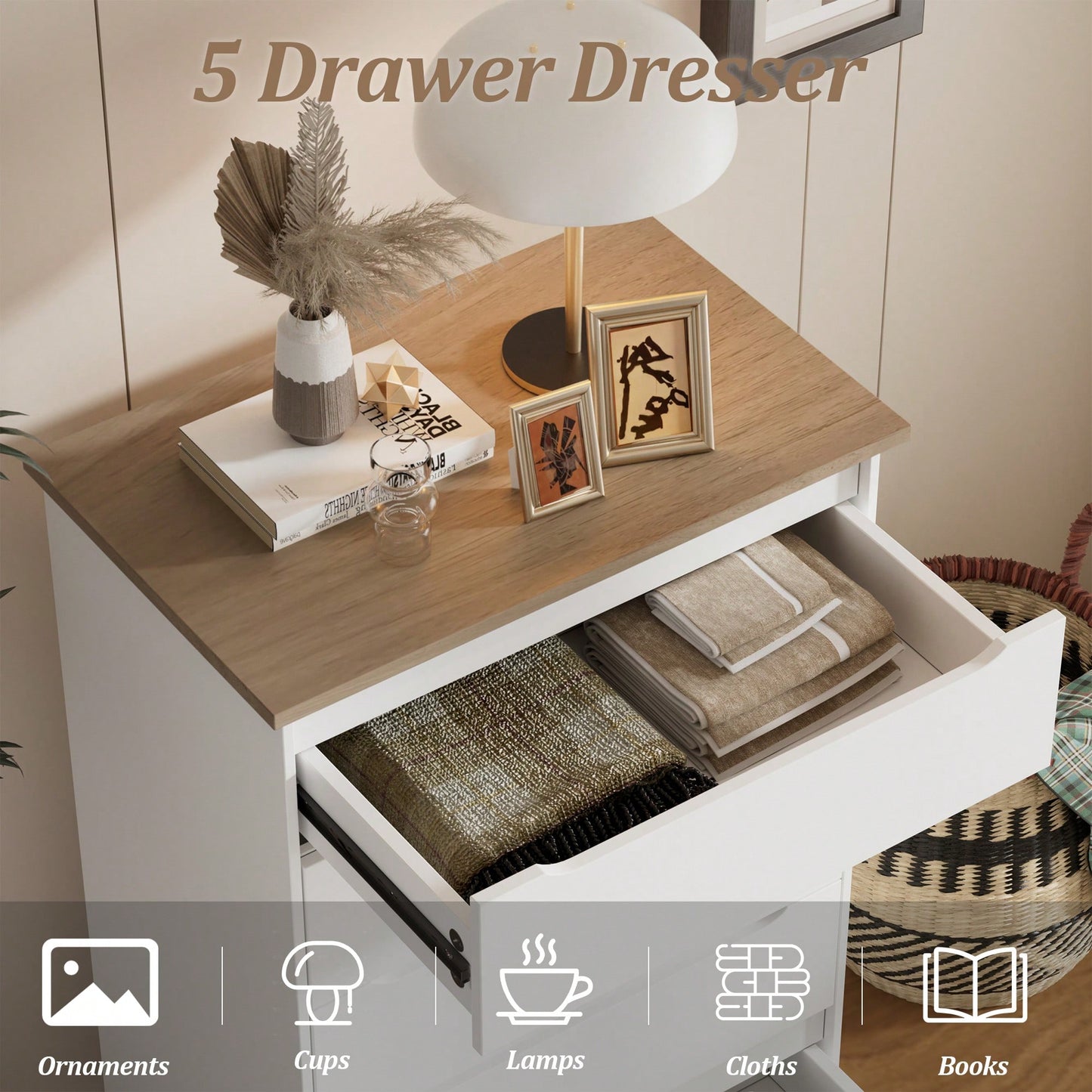 Stylish 5 Drawer Dresser For Bedroom And Living Room With Hidden Handle Design In White And Brown Finish