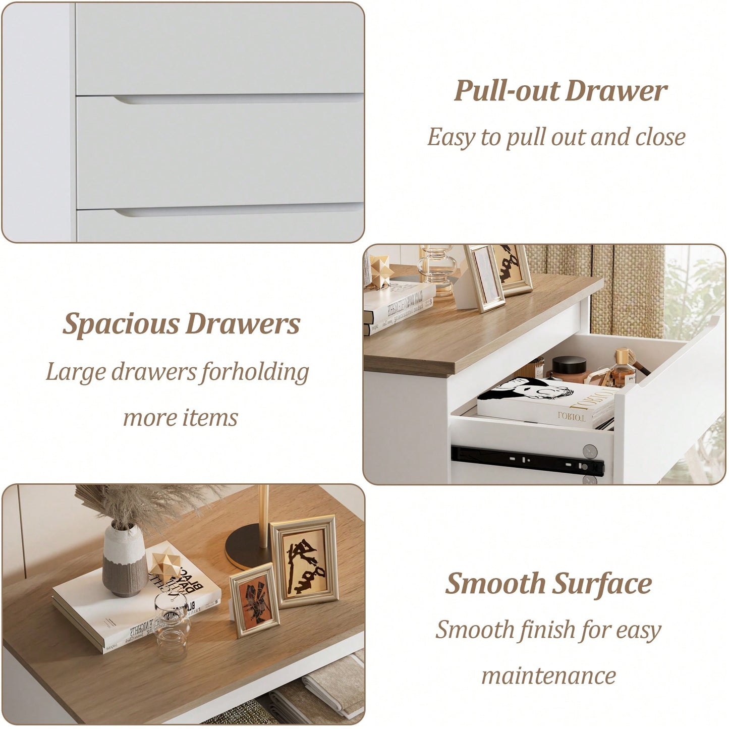 Stylish 5 Drawer Dresser For Bedroom And Living Room With Hidden Handle Design In White And Brown Finish