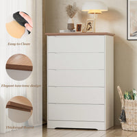 Stylish 5 Drawer Dresser For Bedroom And Living Room With Hidden Handle Design In White And Brown Finish