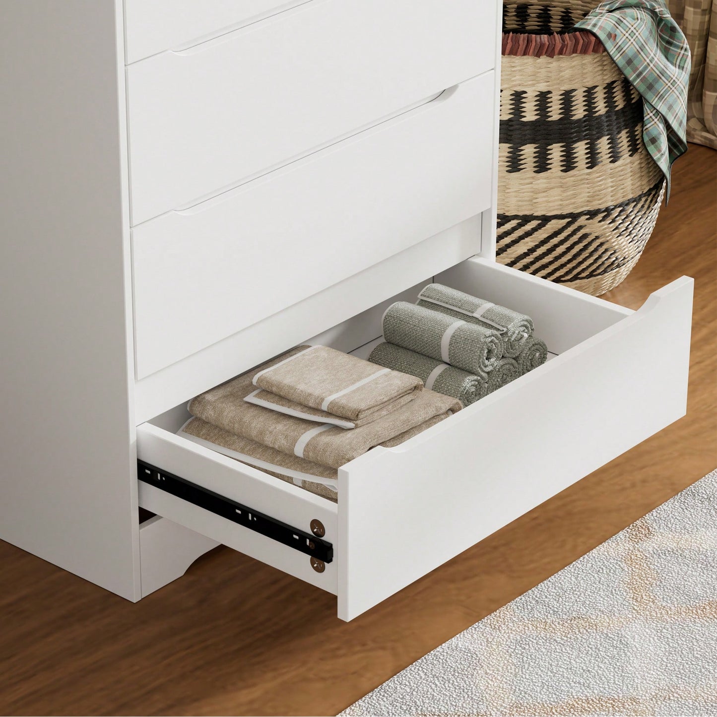 Stylish 5 Drawer Dresser For Bedroom And Living Room With Hidden Handle Design In White And Brown Finish