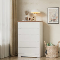 Stylish 5 Drawer Dresser For Bedroom And Living Room With Hidden Handle Design In White And Brown Finish