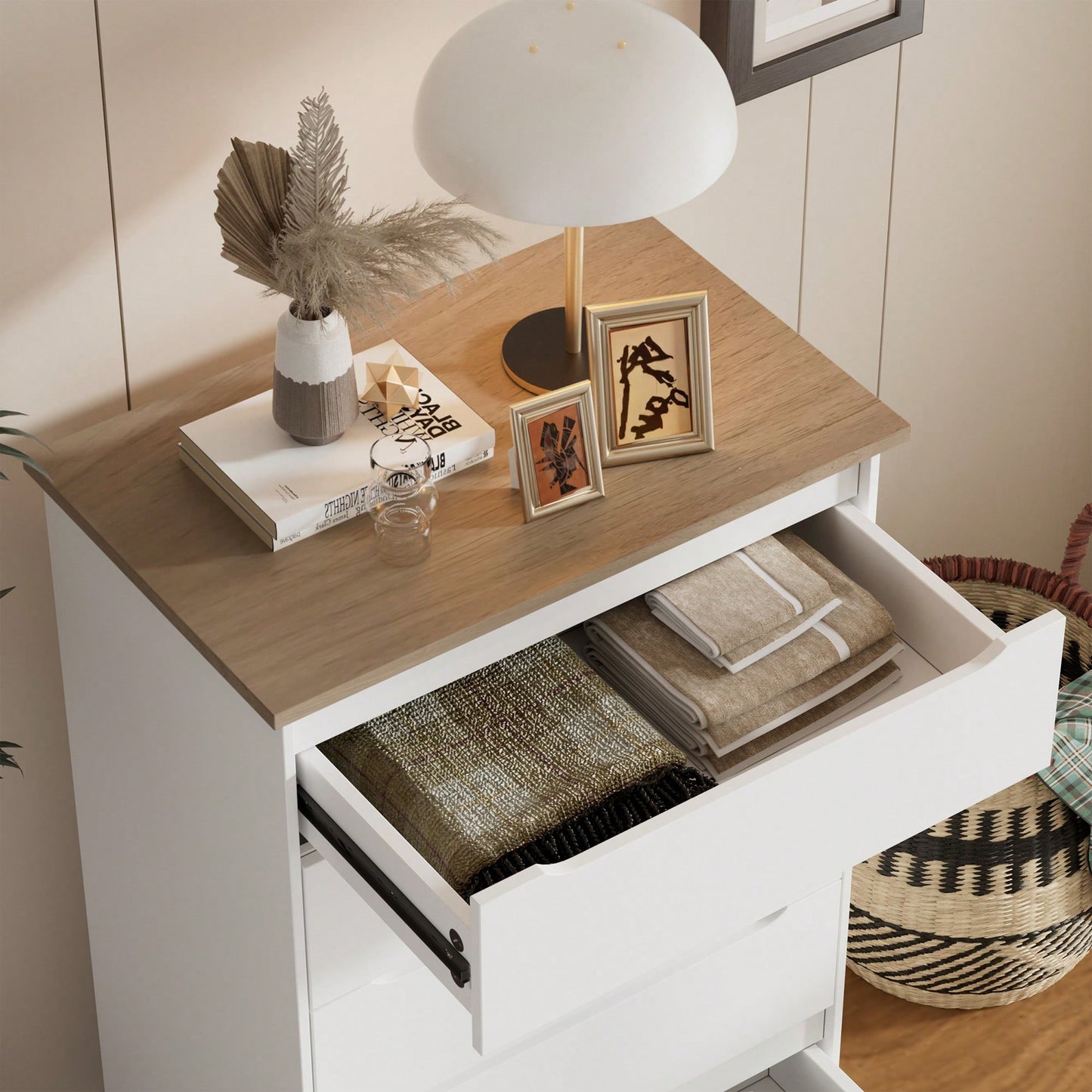 Stylish 5 Drawer Dresser For Bedroom And Living Room With Hidden Handle Design In White And Brown Finish