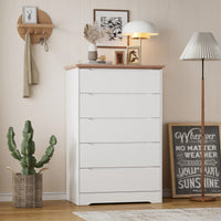 Stylish 5 Drawer Dresser For Bedroom And Living Room With Hidden Handle Design In White And Brown Finish