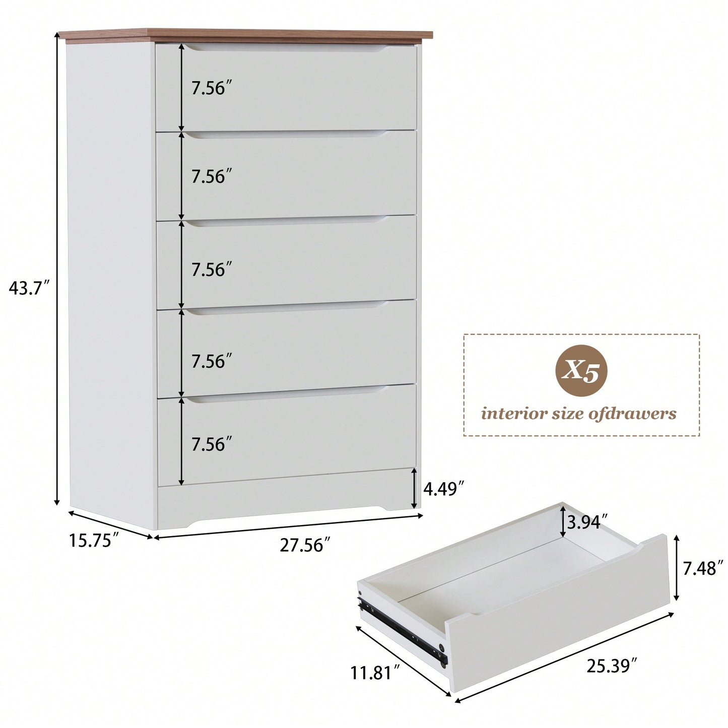 Stylish 5 Drawer Dresser For Bedroom And Living Room With Hidden Handle Design In White And Brown Finish