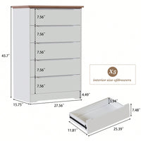 Stylish 5 Drawer Dresser For Bedroom And Living Room With Hidden Handle Design In White And Brown Finish