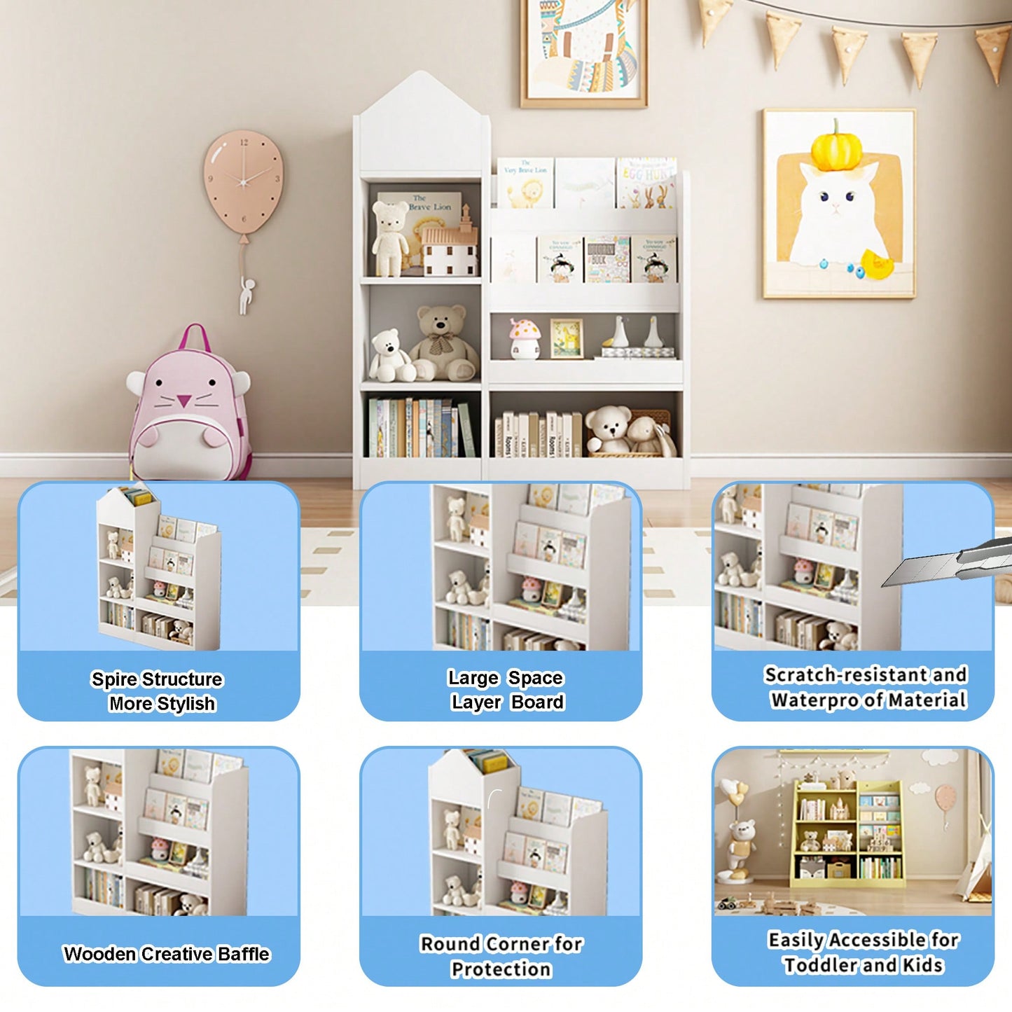 Adjustable Yellow Wooden Toy Storage Organizer Kids Bookshelf Sling Book Rack For Playroom Nursery Bedroom Kindergarten Living Room