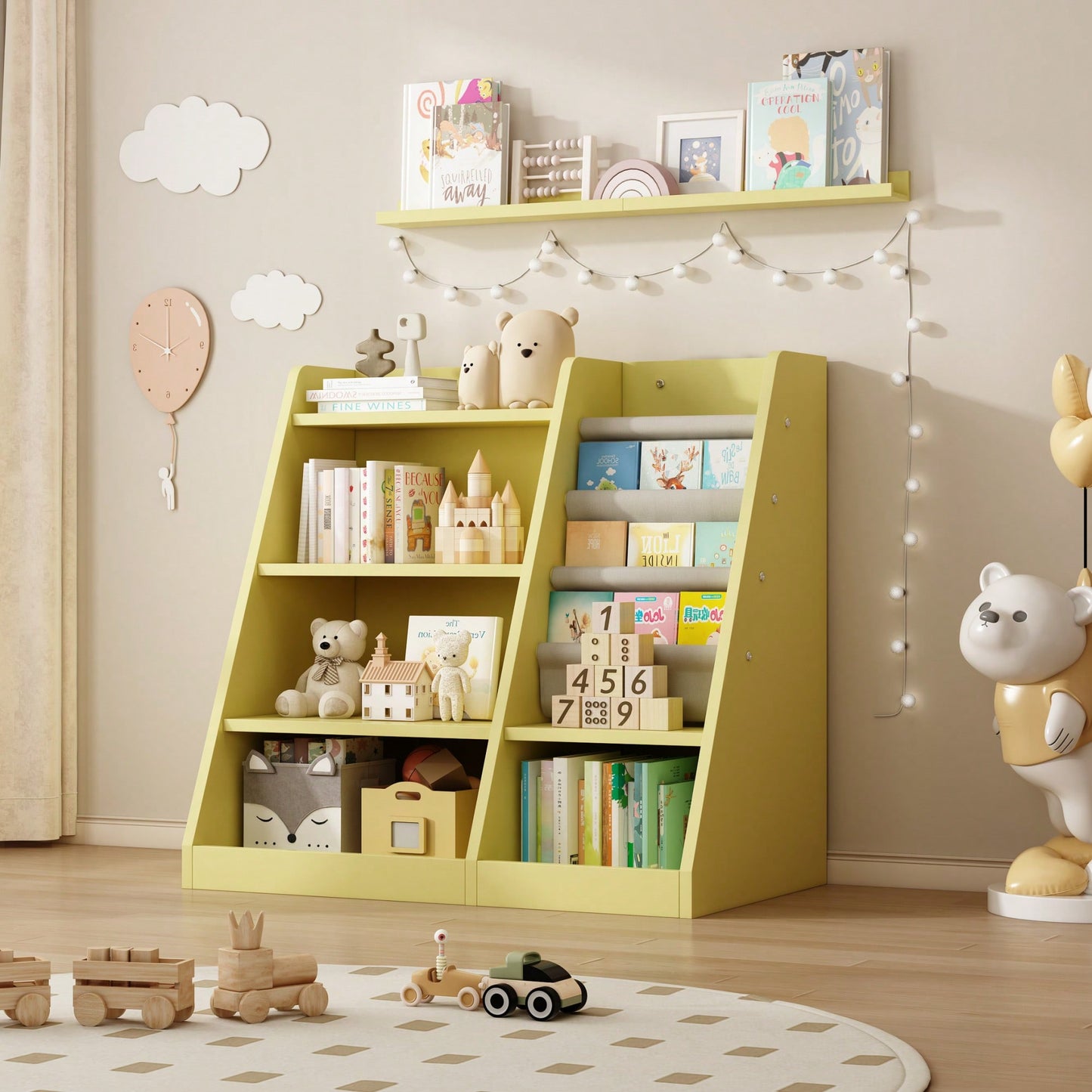 Adjustable Yellow Wooden Toy Storage Organizer Kids Bookshelf Sling Book Rack For Playroom Nursery Bedroom Kindergarten Living Room