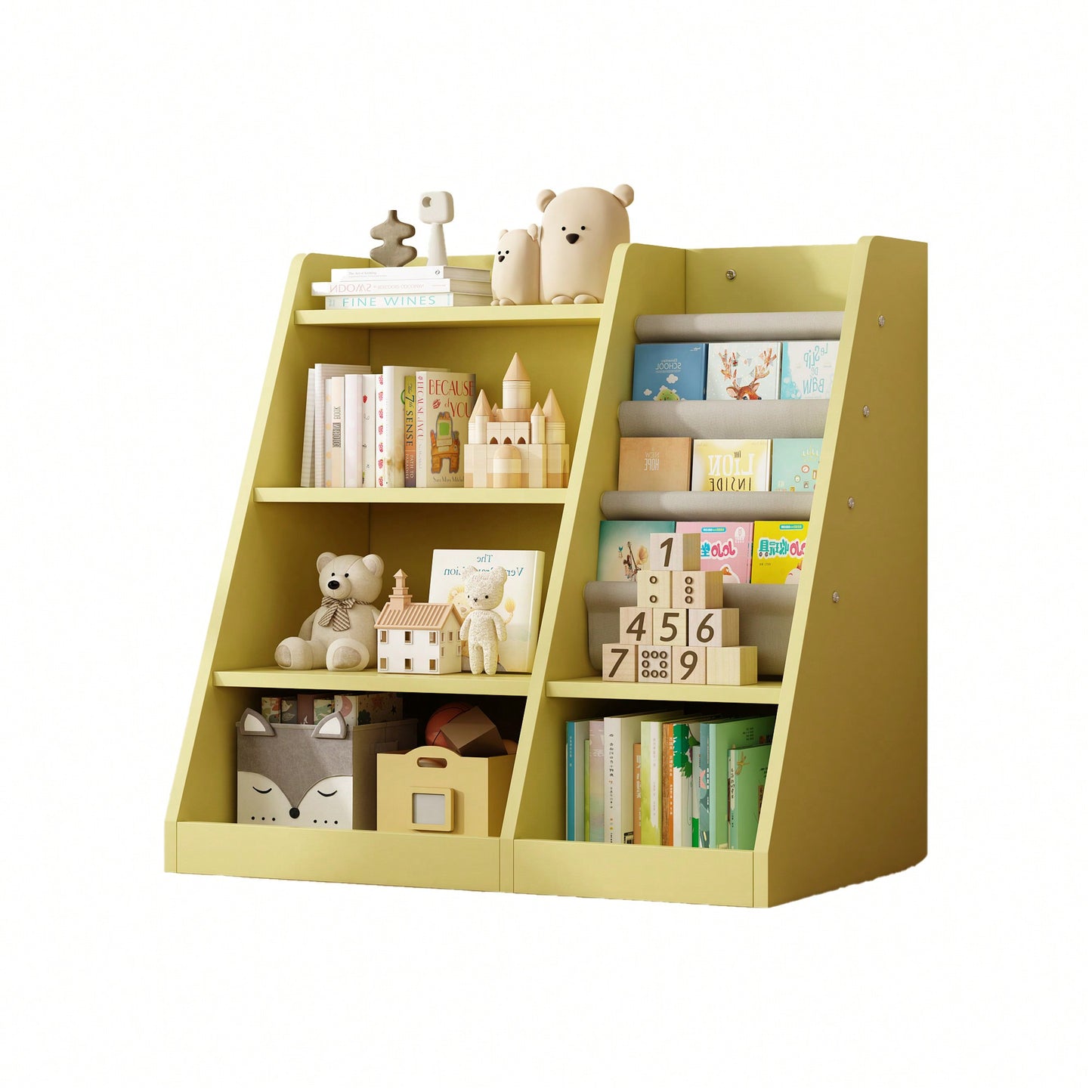 Adjustable Yellow Wooden Toy Storage Organizer Kids Bookshelf Sling Book Rack For Playroom Nursery Bedroom Kindergarten Living Room