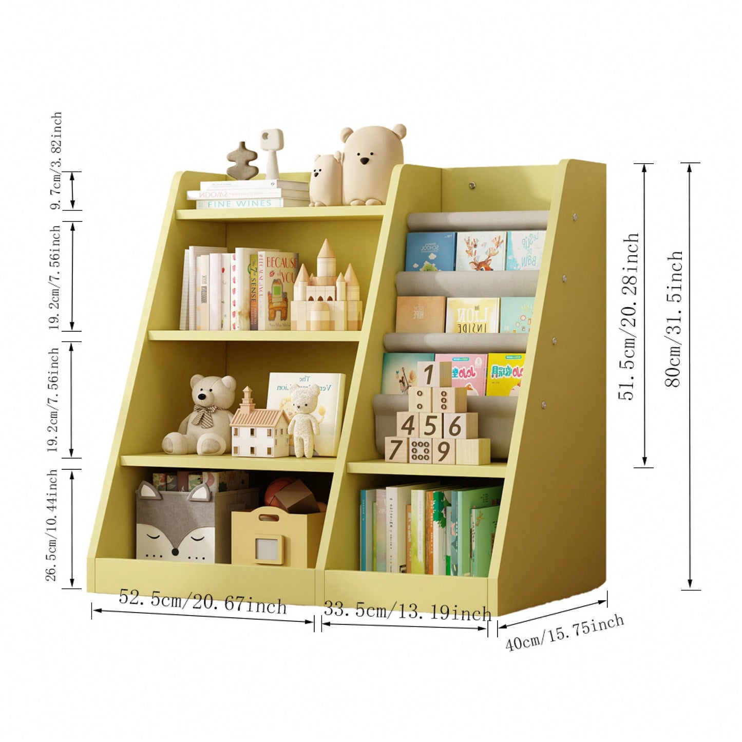 Adjustable Yellow Wooden Toy Storage Organizer Kids Bookshelf Sling Book Rack For Playroom Nursery Bedroom Kindergarten Living Room