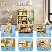 Adjustable Yellow Wooden Toy Storage Organizer Kids Bookshelf Sling Book Rack For Playroom Nursery Bedroom Kindergarten Living Room