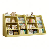 Adjustable Yellow Wooden Toy Storage Organizer Kids Bookshelf Sling Book Rack For Playroom Nursery Bedroom Kindergarten Living Room