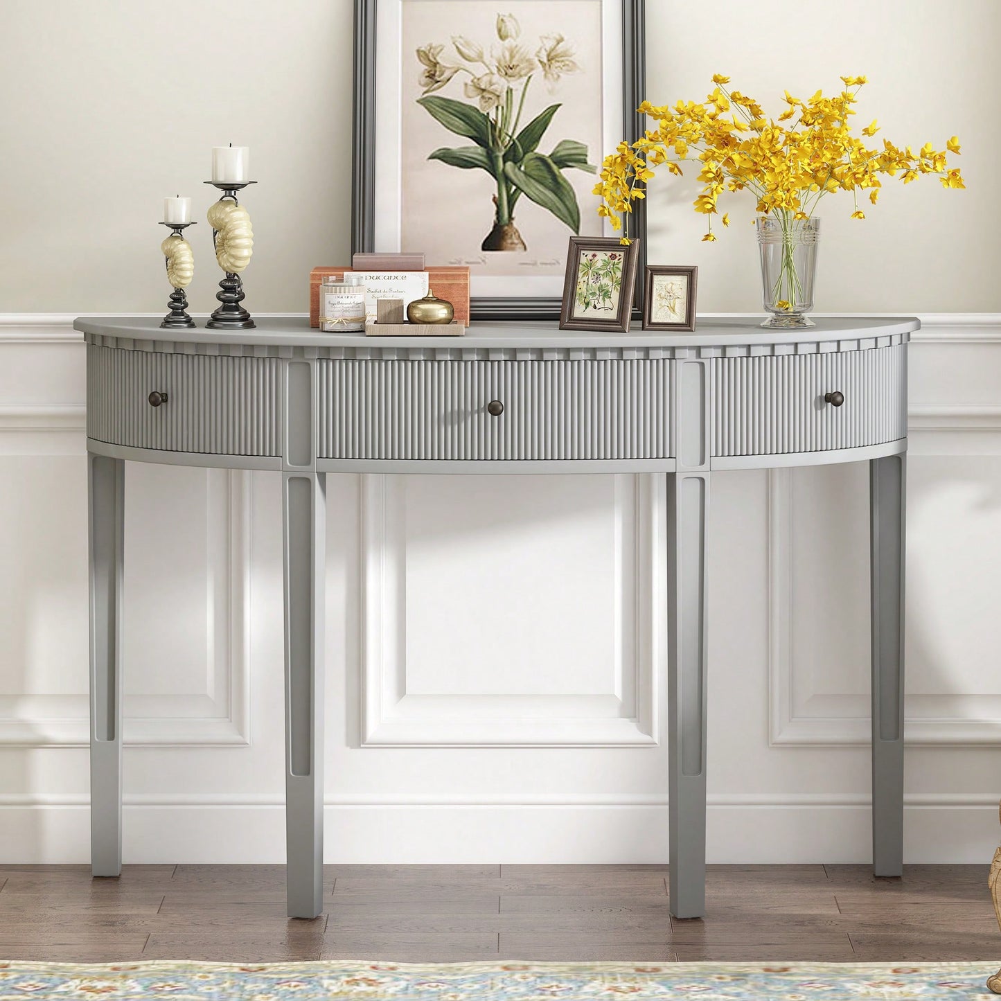 Distinctive Pine Veneer Console Table With Vertical Stripe Drawers And Elegant Four-Leg Design