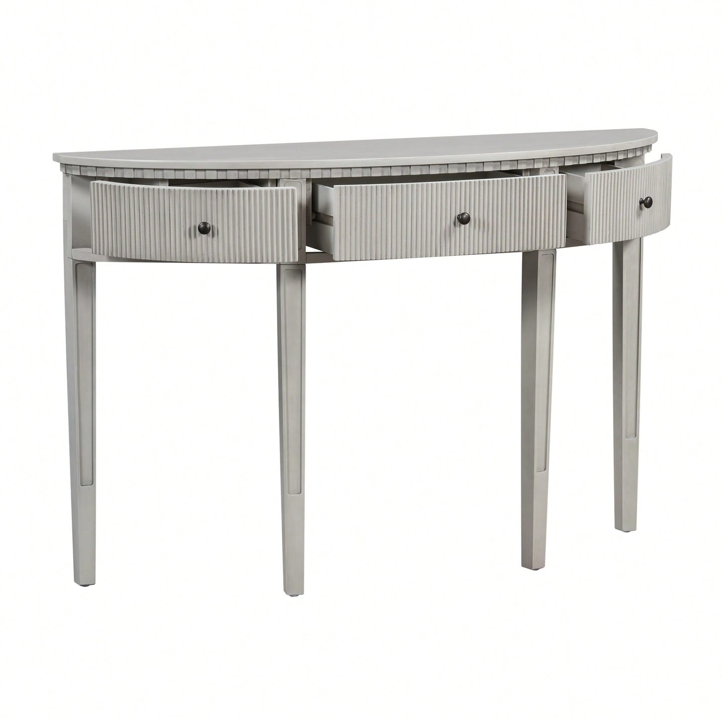 Distinctive Pine Veneer Console Table With Vertical Stripe Drawers And Elegant Four-Leg Design