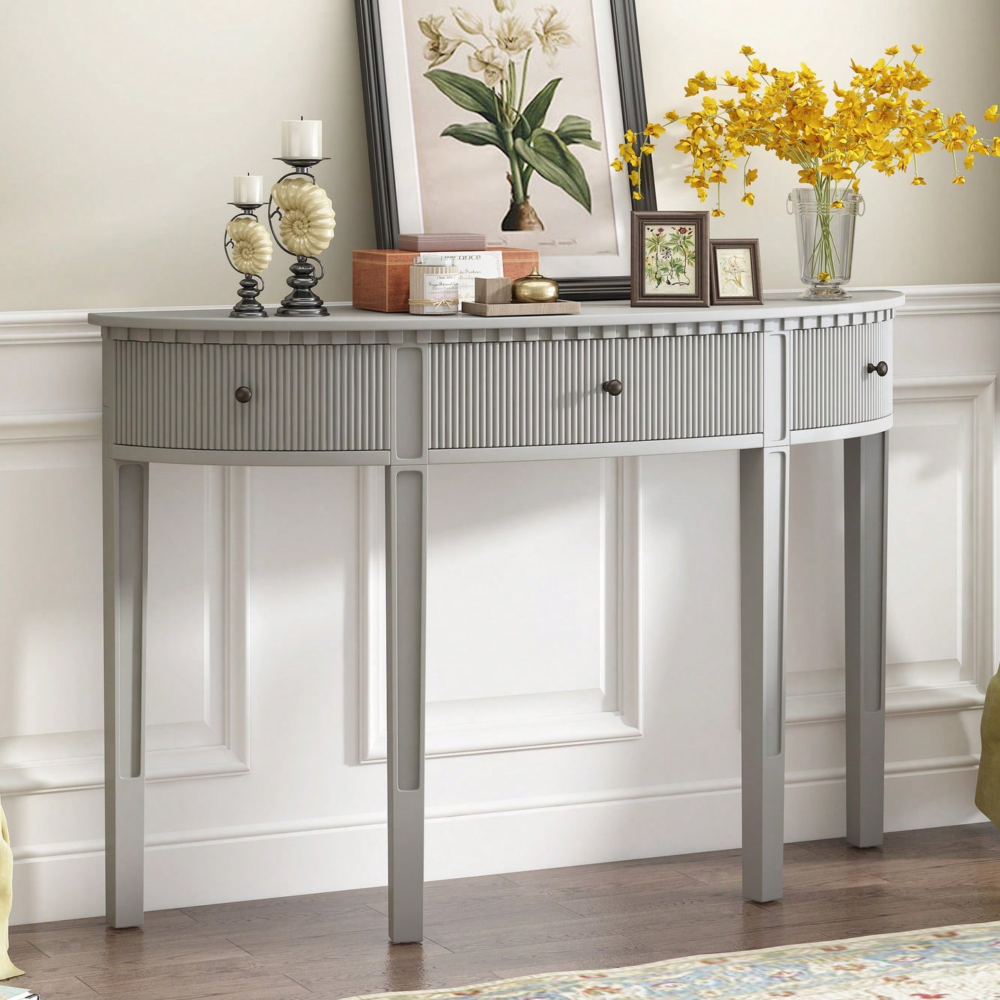 Distinctive Pine Veneer Console Table With Vertical Stripe Drawers And Elegant Four-Leg Design
