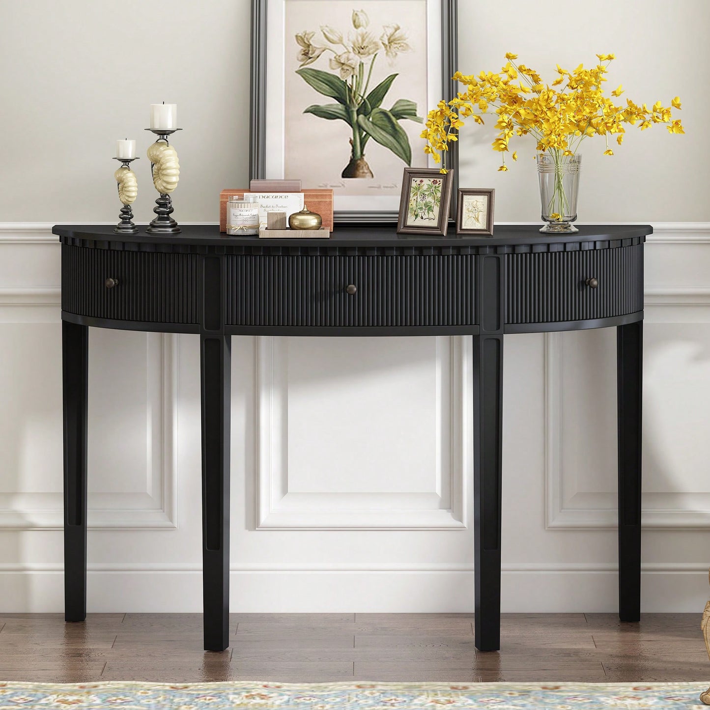 Distinctive Pine Veneer Console Table With Vertical Stripe Drawers And Elegant Four-Leg Design