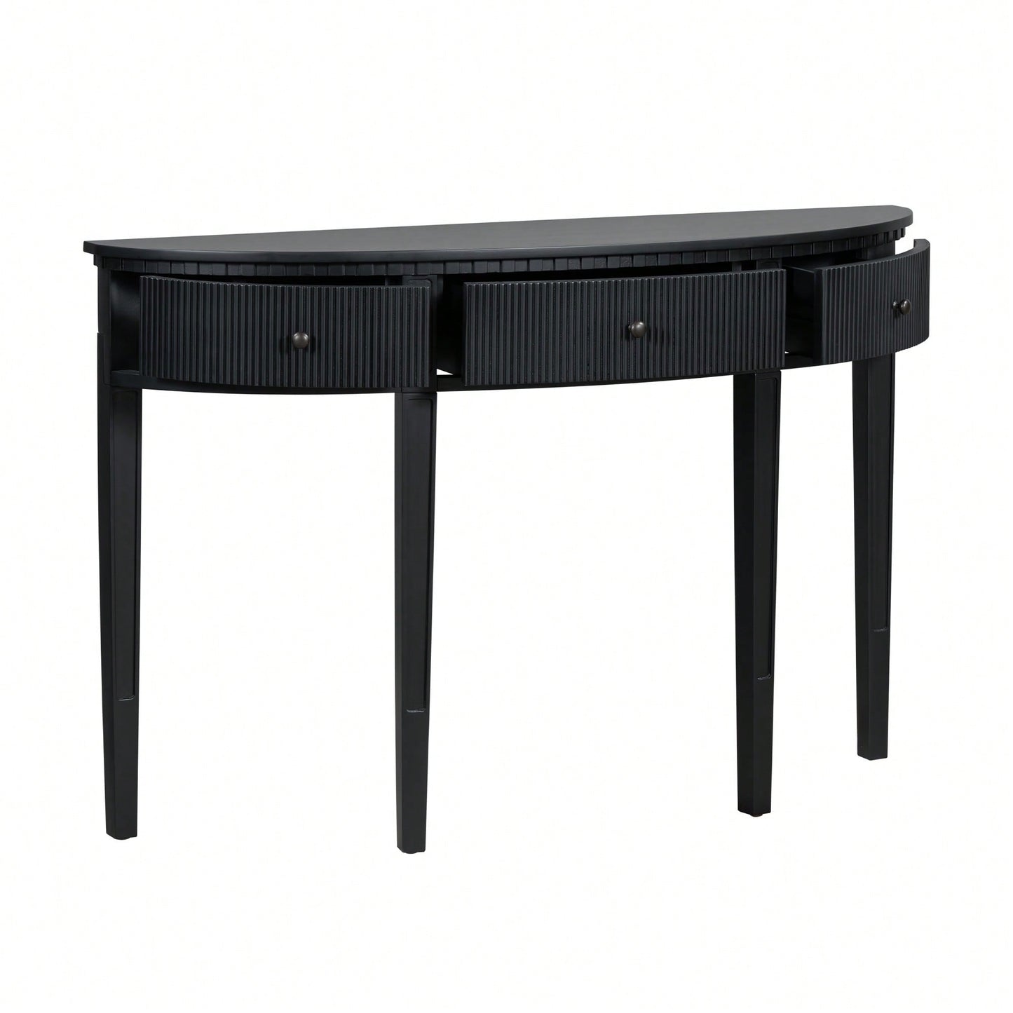 Distinctive Pine Veneer Console Table With Vertical Stripe Drawers And Elegant Four-Leg Design