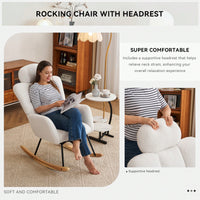 Ivory Teddy Fabric Upholstered Rocking Glider Chair Mid Century Modern Accent Armchair with Padded Seat High Backrest and Pillows