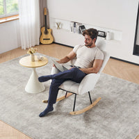 Ivory Teddy Fabric Upholstered Rocking Glider Chair Mid Century Modern Accent Armchair with Padded Seat High Backrest and Pillows