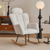 Ivory Teddy Fabric Upholstered Rocking Glider Chair Mid Century Modern Accent Armchair with Padded Seat High Backrest and Pillows