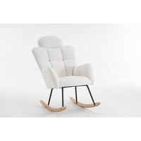 Ivory Teddy Fabric Upholstered Rocking Glider Chair Mid Century Modern Accent Armchair with Padded Seat High Backrest and Pillows