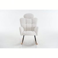 Ivory Teddy Fabric Upholstered Rocking Glider Chair Mid Century Modern Accent Armchair with Padded Seat High Backrest and Pillows