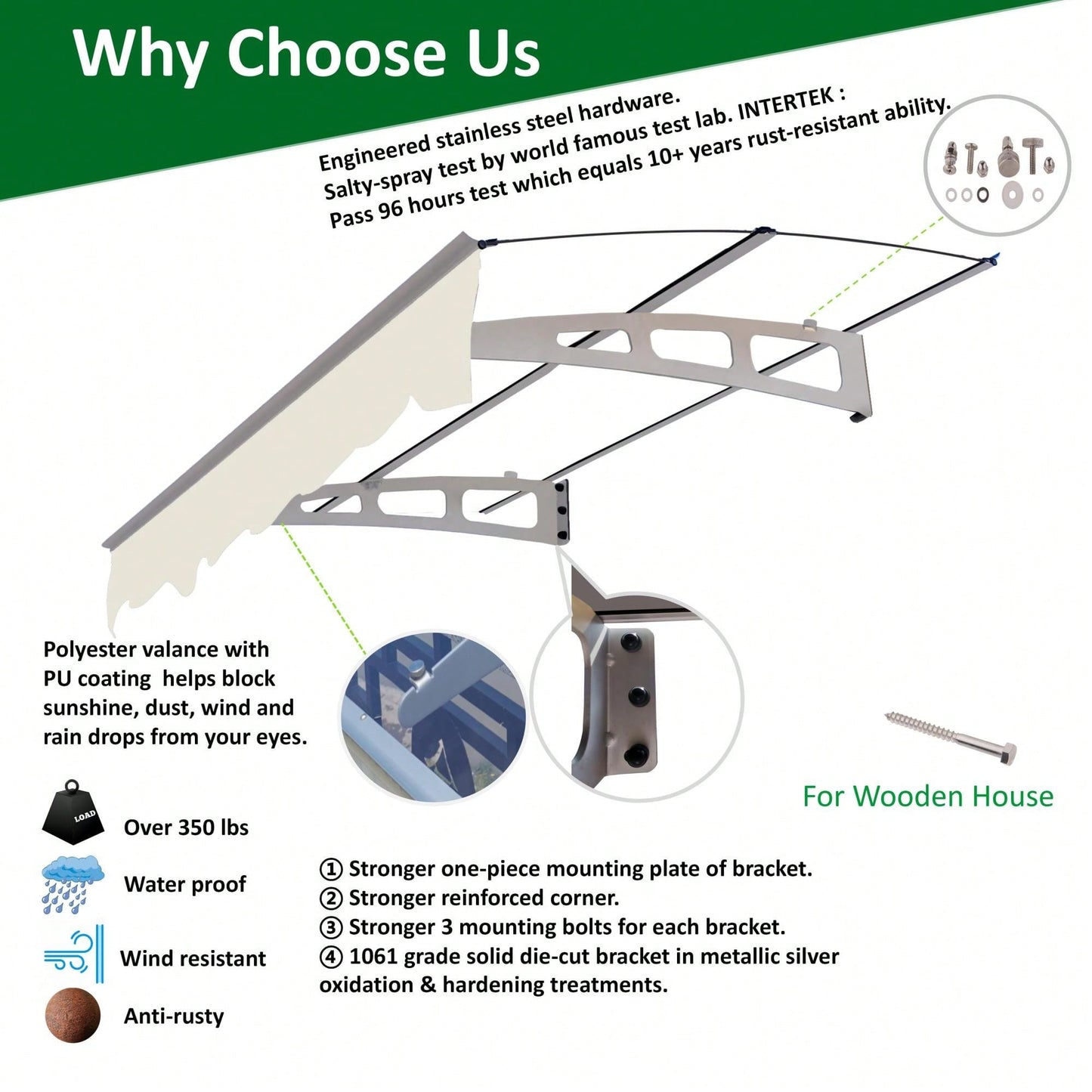 Durable Polycarbonate Door Window Awning Canopy 59"X34" With Polyester Valance For Wooden Homes