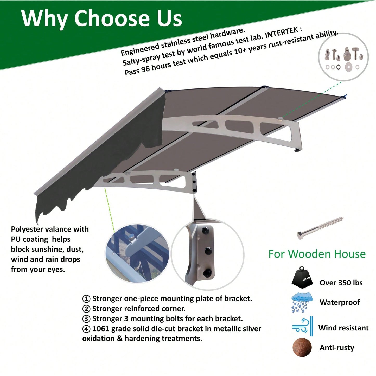 Crystal Clear Polycarbonate Door Window Awning Canopy 59 Inch Wide X 34 Inch Deep Aluminum Alloy Valance For Wooden Wall House