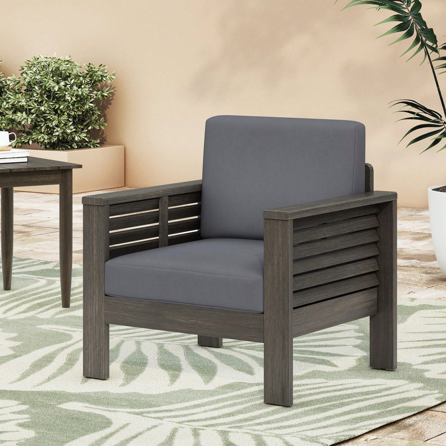 Outdoor Acacia Wood Club Chairs With Dark Gray Cushions For Patio Or Garden Seating