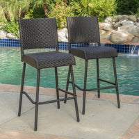 Set Of 2 Dark Brown 29 Inch Outdoor PE Rattan Armless Barstools For Patio And Garden